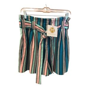 Marie Oliver Piper Paper Bag Shorts, Size 8, Blue, Black & Pink Stripes, NWT.